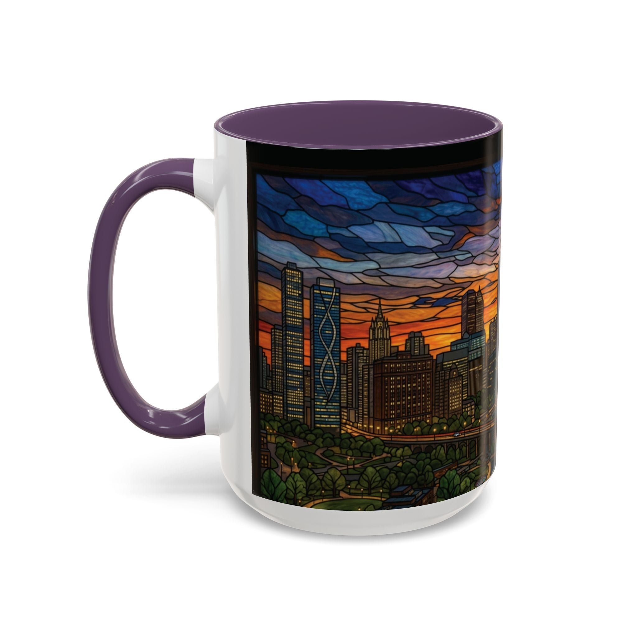 Chicago Skyline Accent Coffee Mug — Stained Glass Sunset Cityscape (11/15oz)