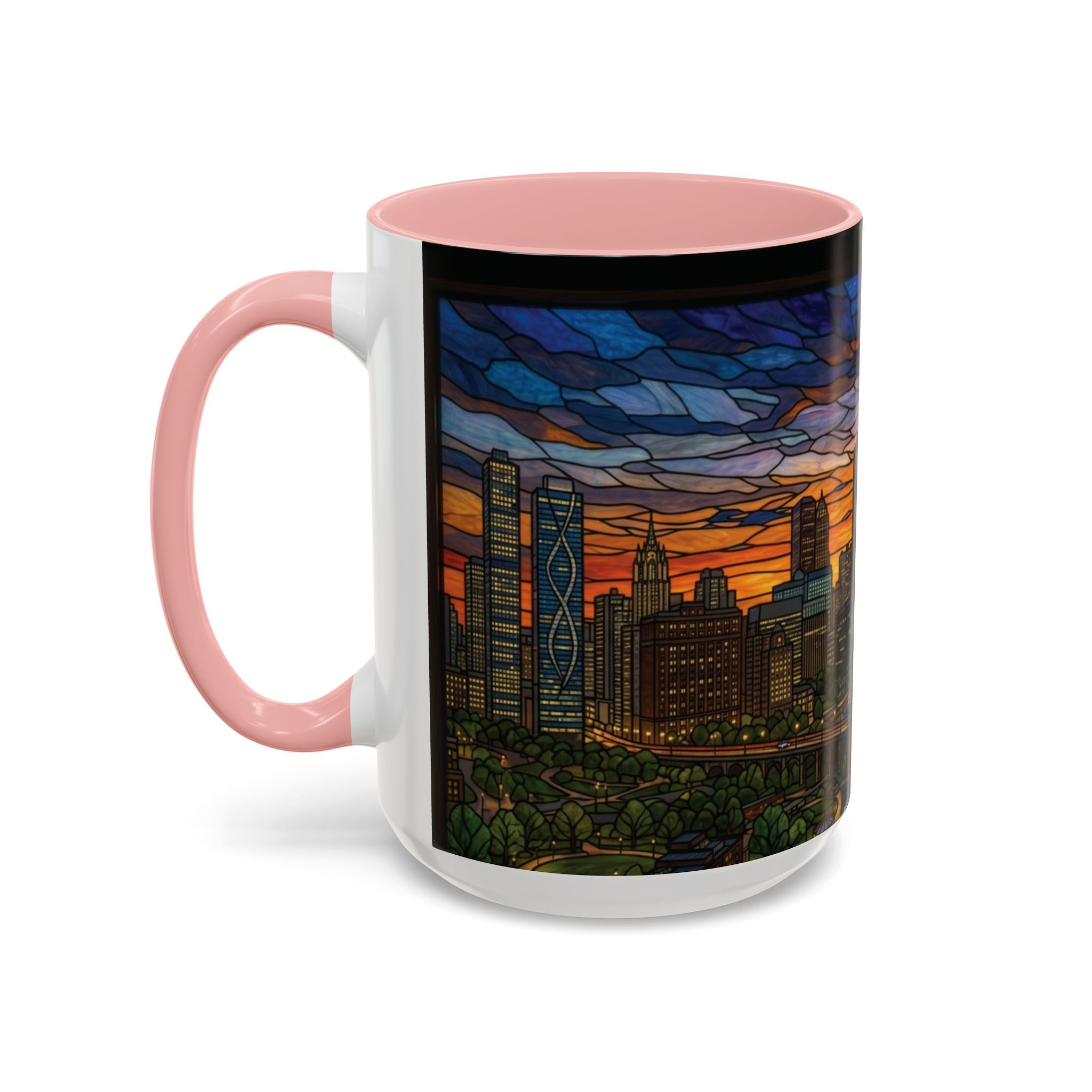 Chicago Skyline Accent Coffee Mug — Stained Glass Sunset Cityscape (11/15oz)