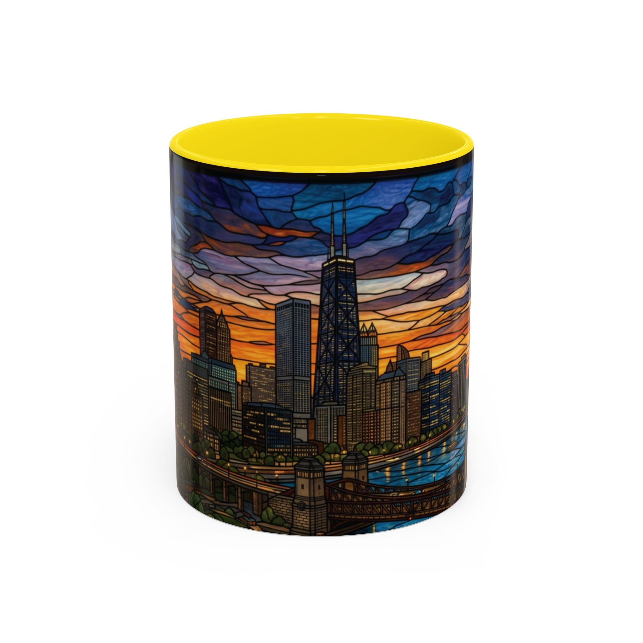Chicago Skyline Accent Coffee Mug — Stained Glass Sunset Cityscape (11/15oz)