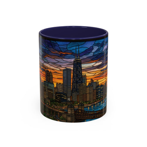 Chicago Skyline Accent Coffee Mug — Stained Glass Sunset Cityscape (11/15oz)