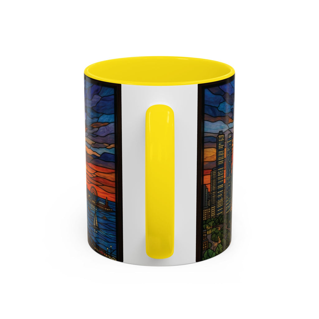 Chicago Skyline Accent Coffee Mug — Stained Glass Sunset Cityscape (11/15oz)