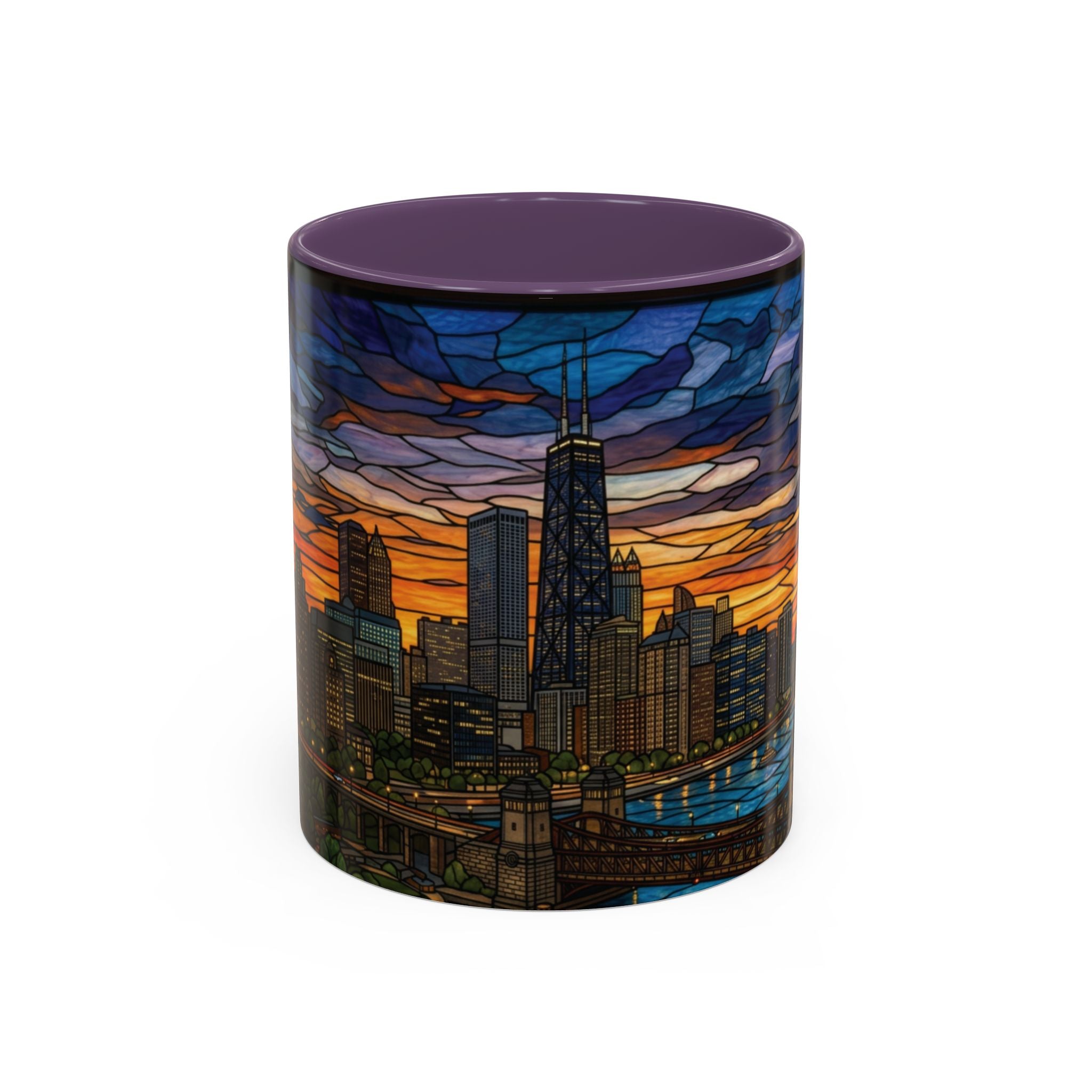 Chicago Skyline Accent Coffee Mug — Stained Glass Sunset Cityscape (11/15oz)