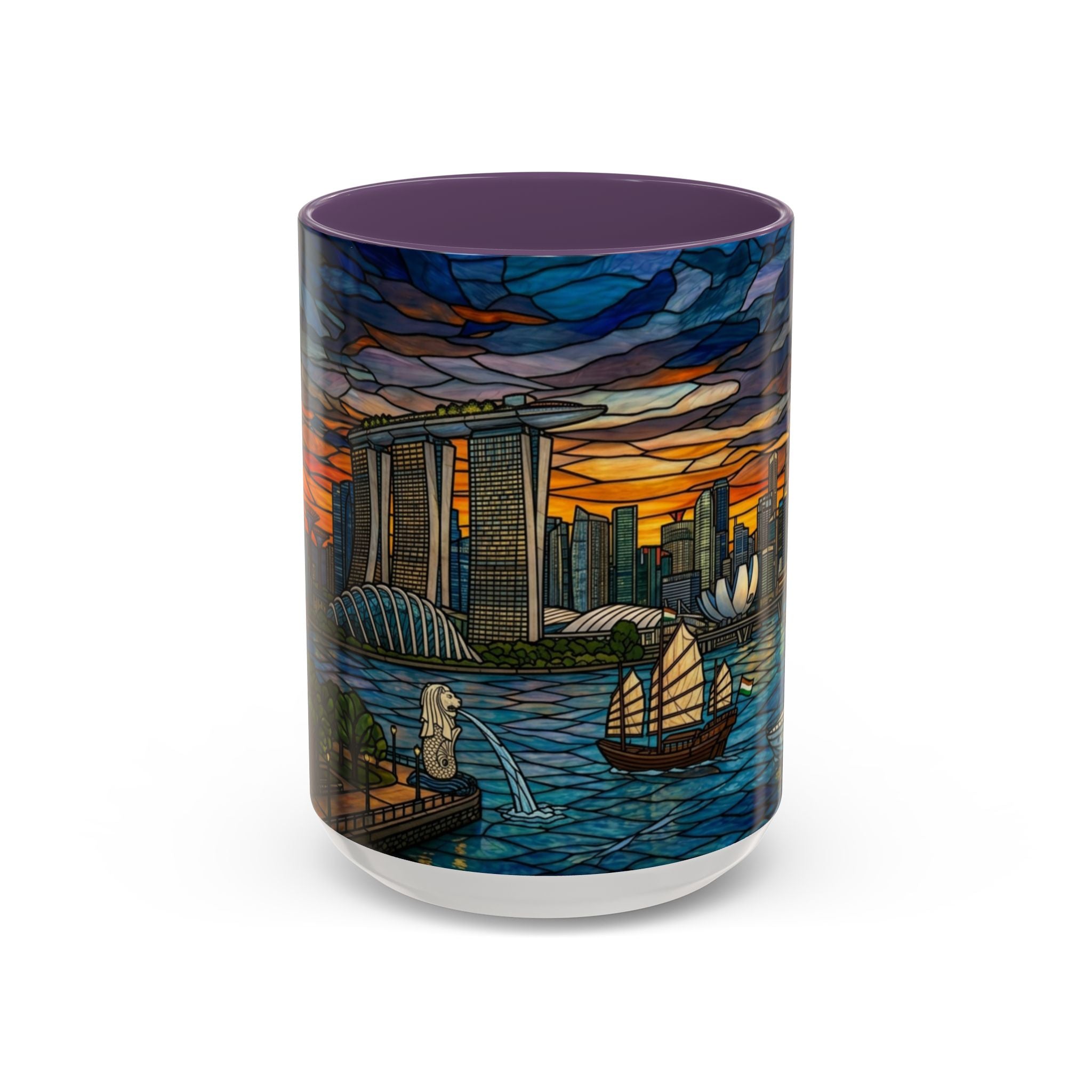 Singapore Skyline Accent Coffee Mug — Stained Glass Marina Bay Sunset Design (11/15oz)