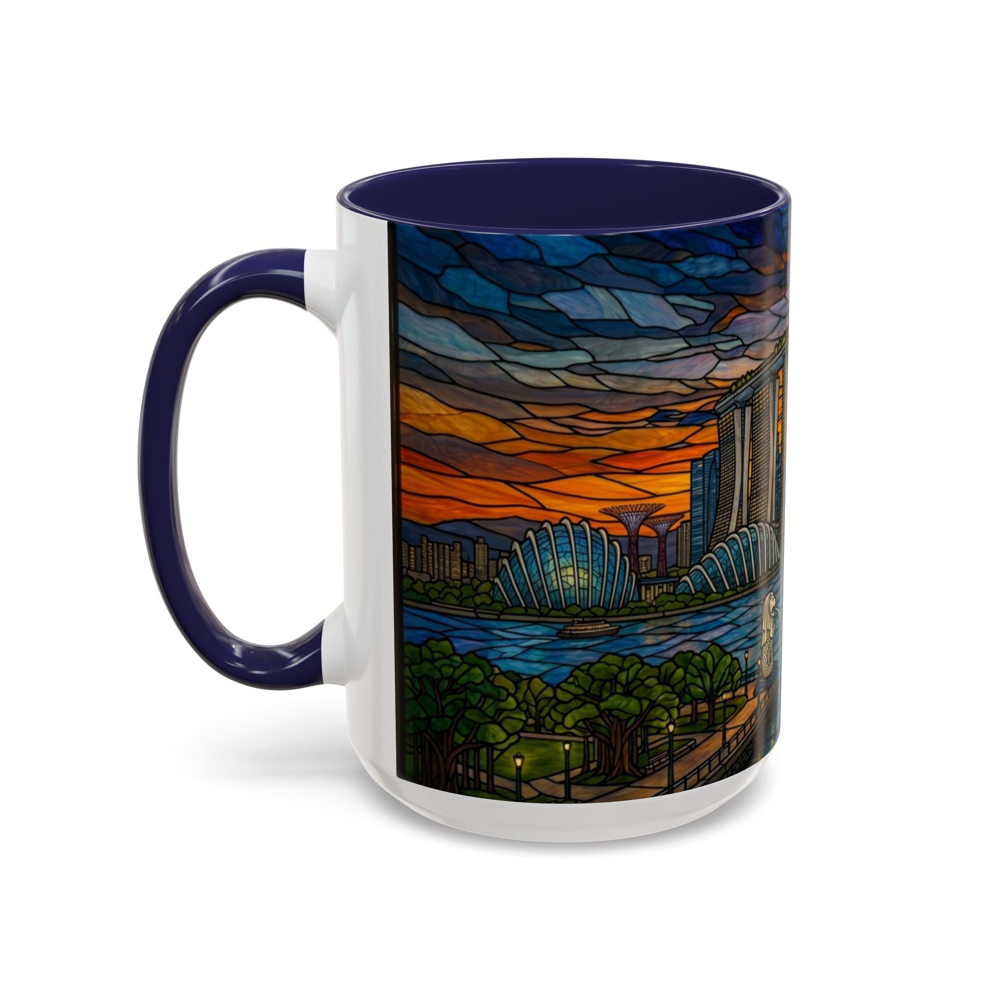 Singapore Skyline Accent Coffee Mug — Stained Glass Marina Bay Sunset Design (11/15oz)