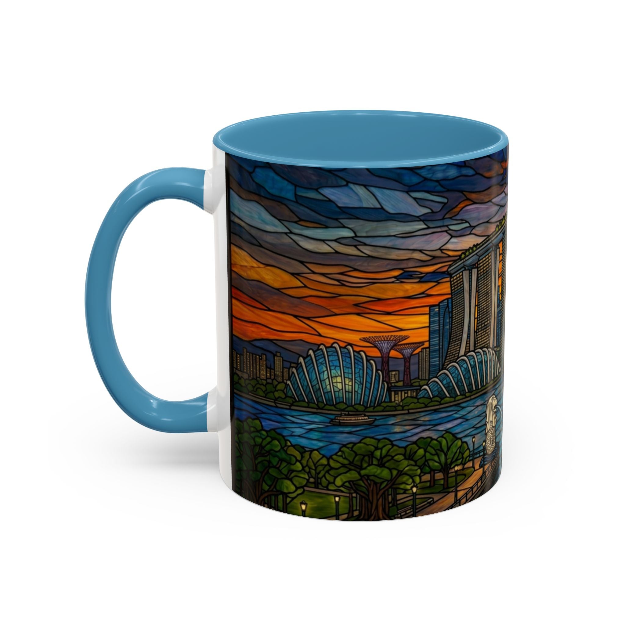 Singapore Skyline Accent Coffee Mug — Stained Glass Marina Bay Sunset Design (11/15oz)