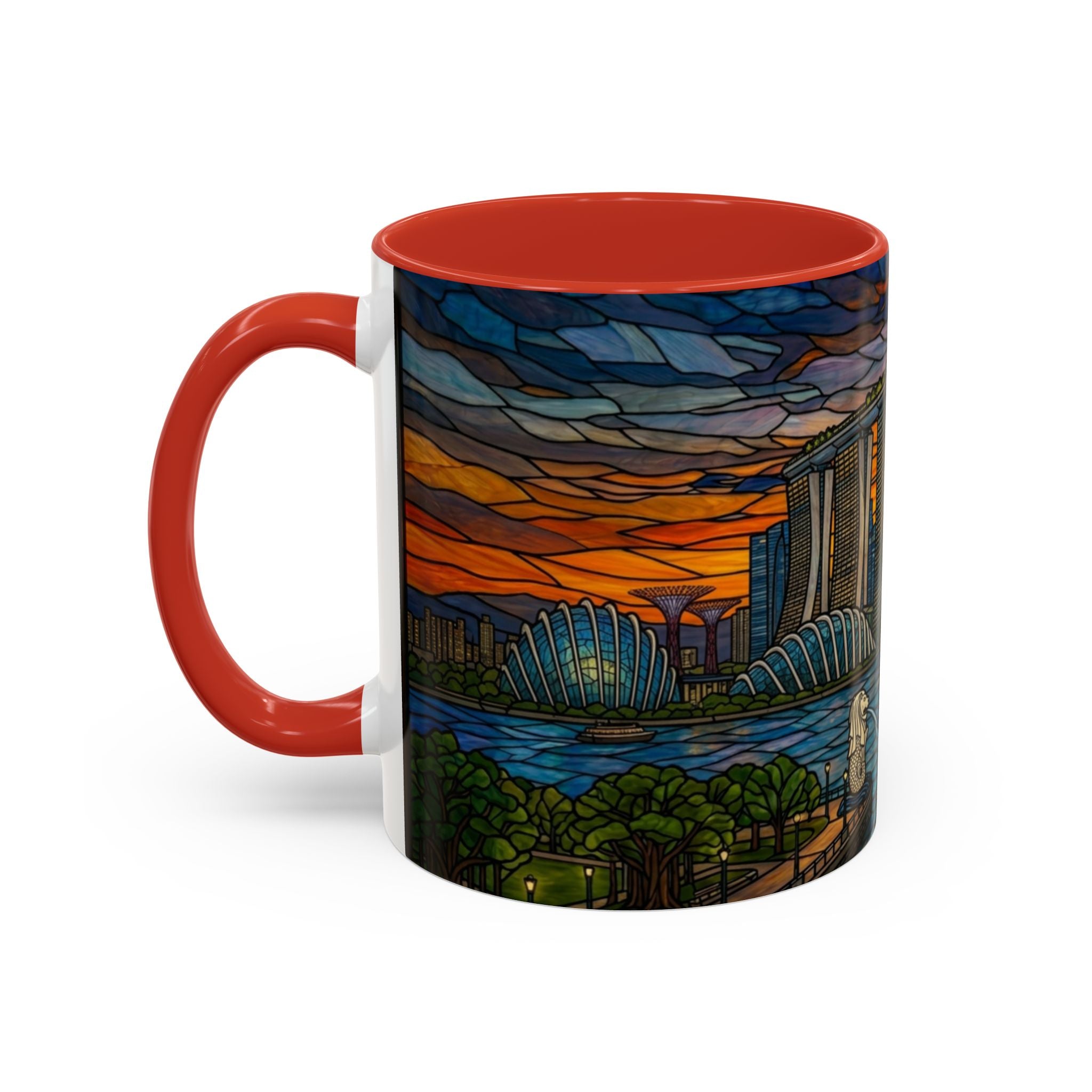 Singapore Skyline Accent Coffee Mug — Stained Glass Marina Bay Sunset Design (11/15oz)