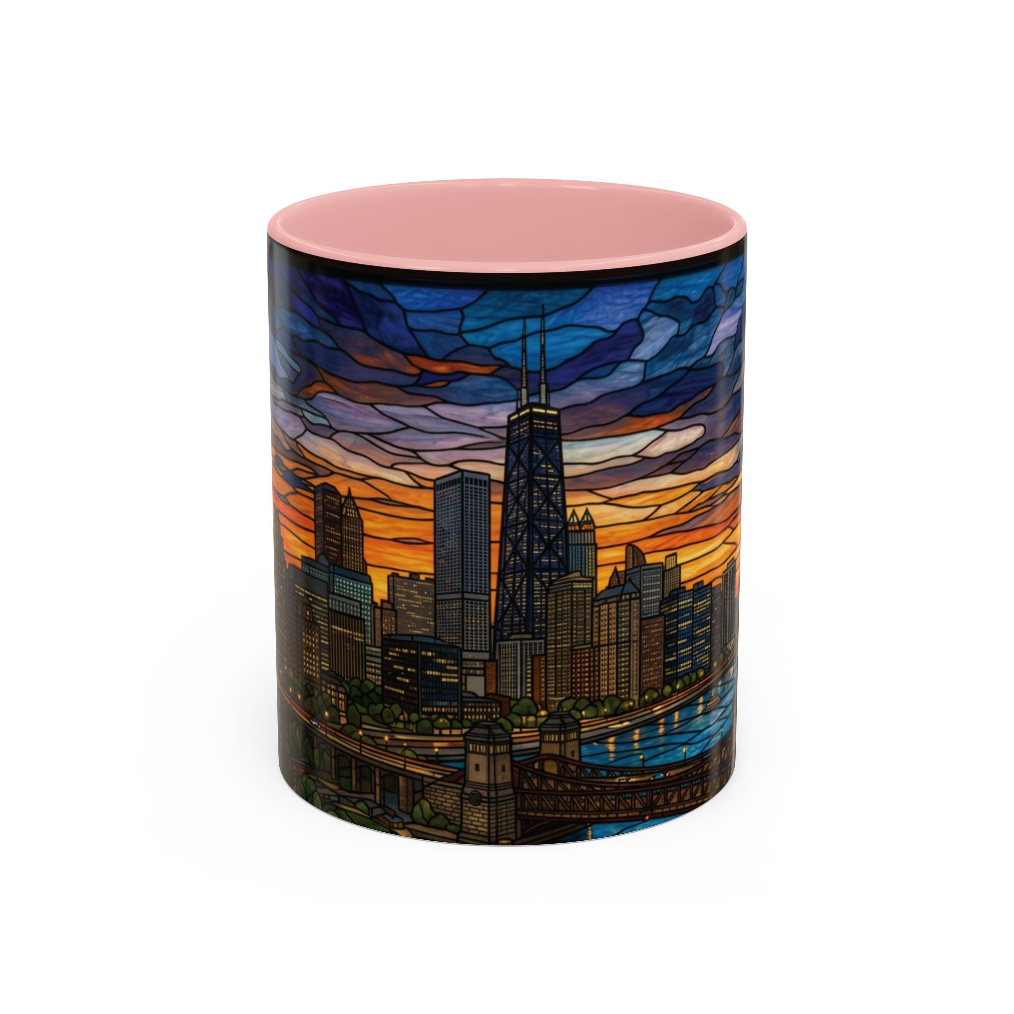Chicago Skyline Accent Coffee Mug — Stained Glass Sunset Cityscape (11/15oz)