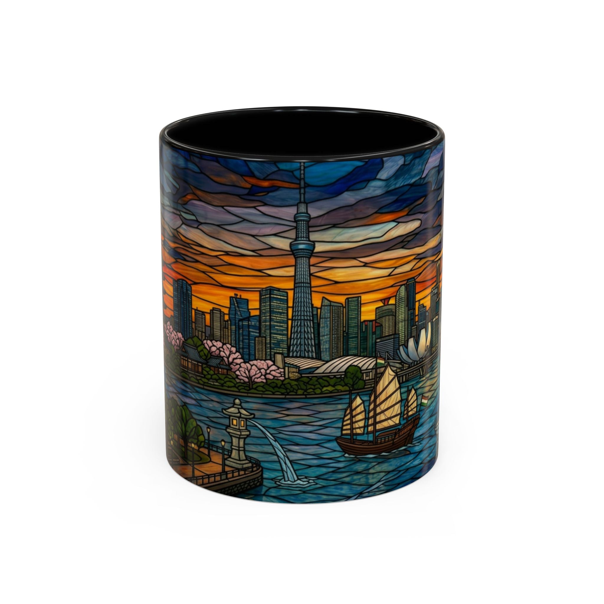 Tokyo City Sky Line Stained Glass Accent Coffee Mug – Sunset Harbor Skyline (11/15oz)