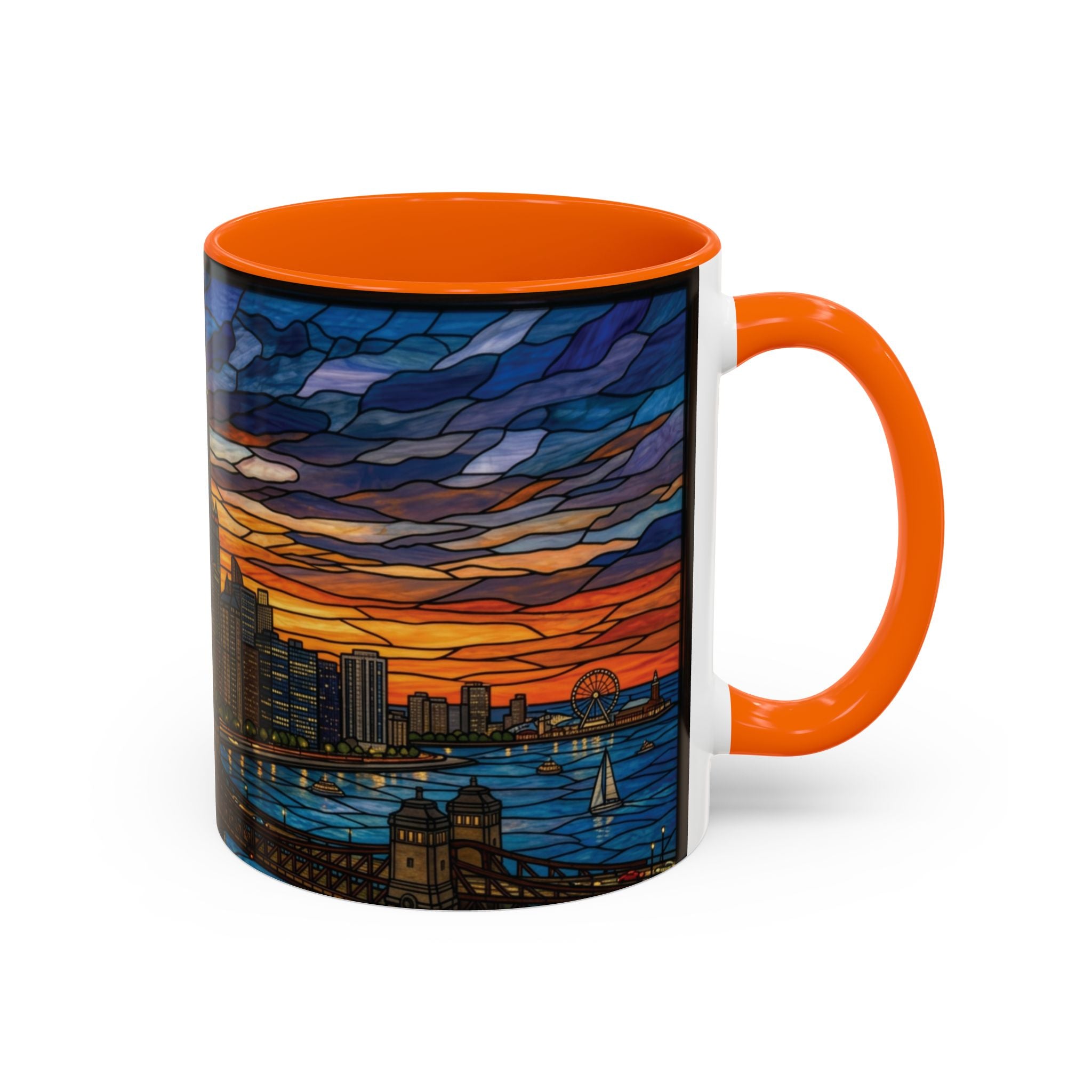Chicago Skyline Accent Coffee Mug — Stained Glass Sunset Cityscape (11/15oz)