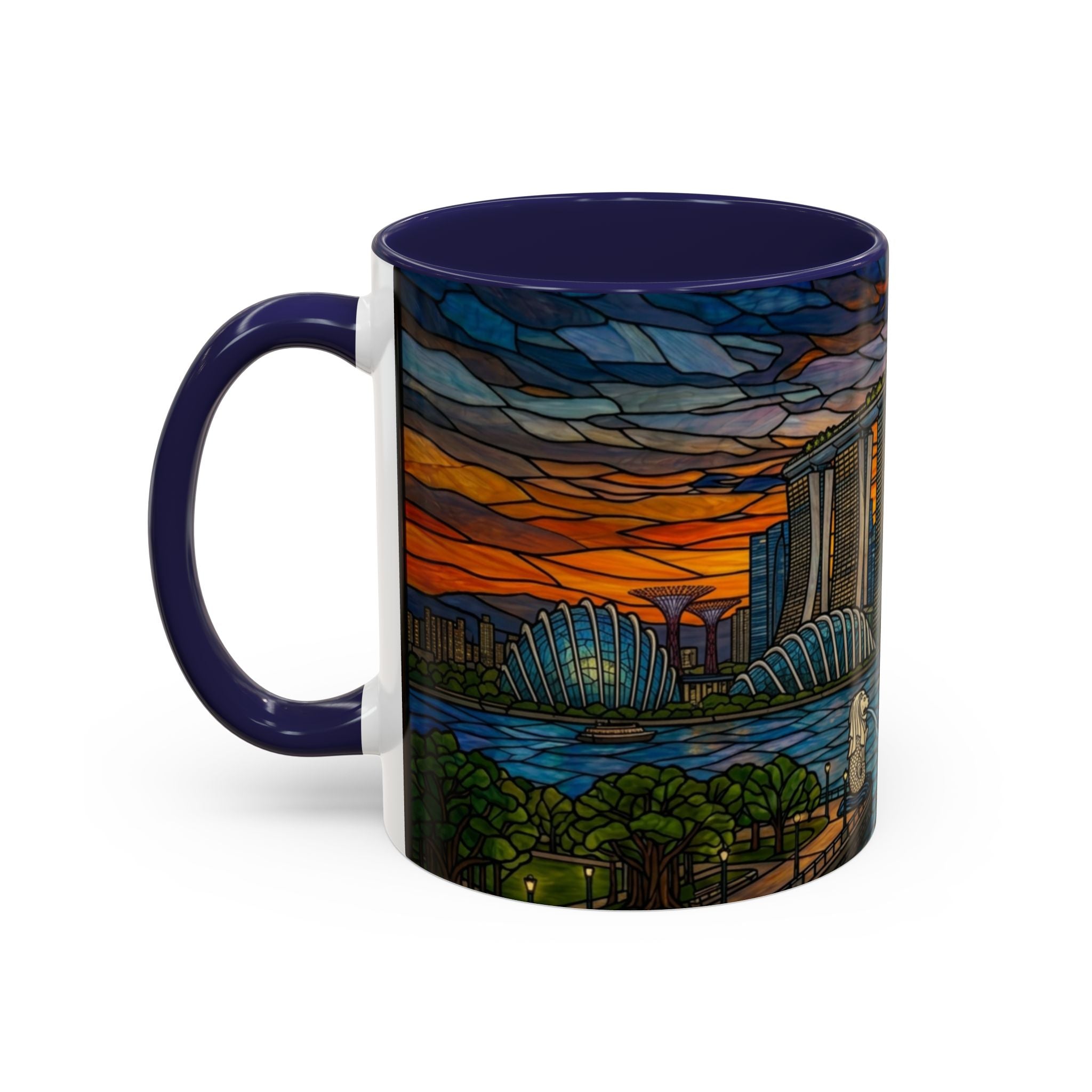 Singapore Skyline Accent Coffee Mug — Stained Glass Marina Bay Sunset Design (11/15oz)