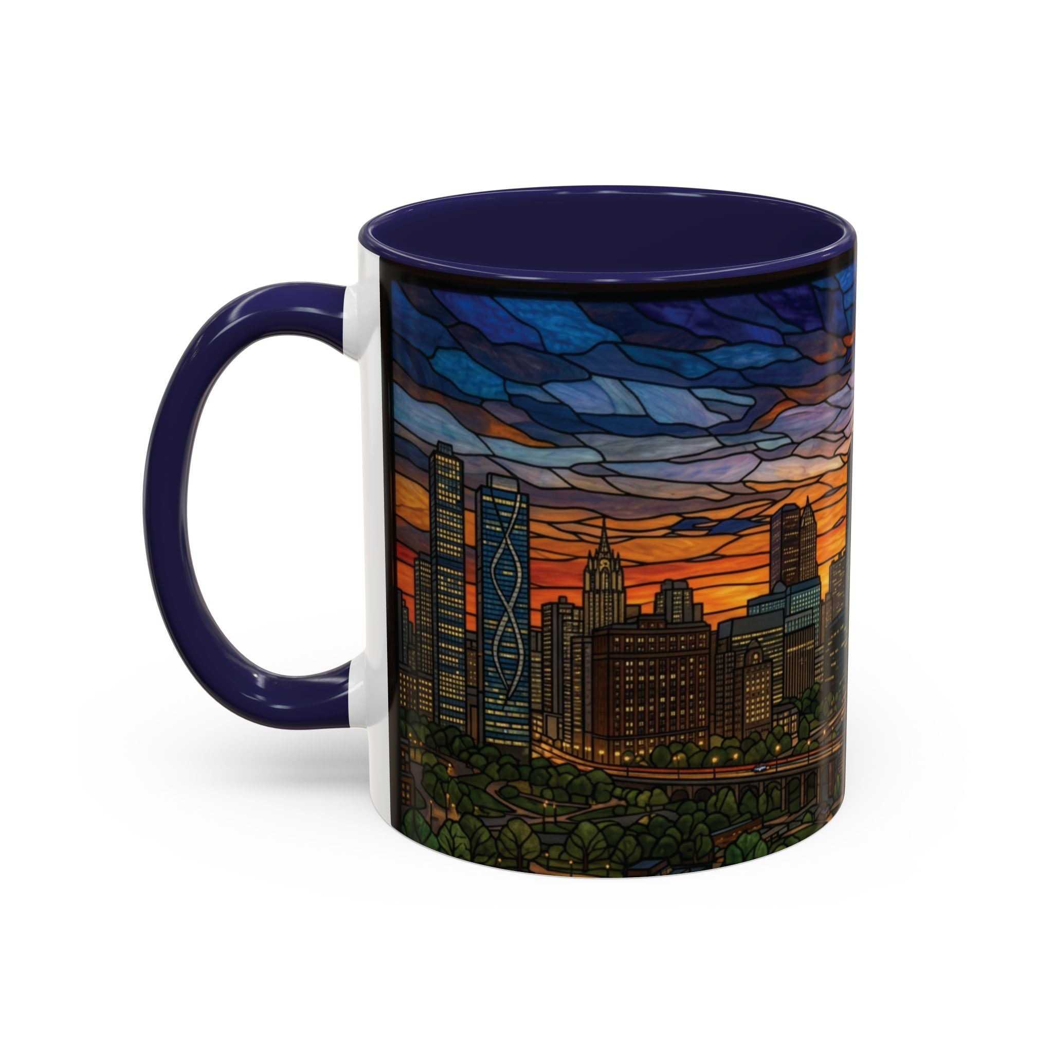Chicago Skyline Accent Coffee Mug — Stained Glass Sunset Cityscape (11/15oz)