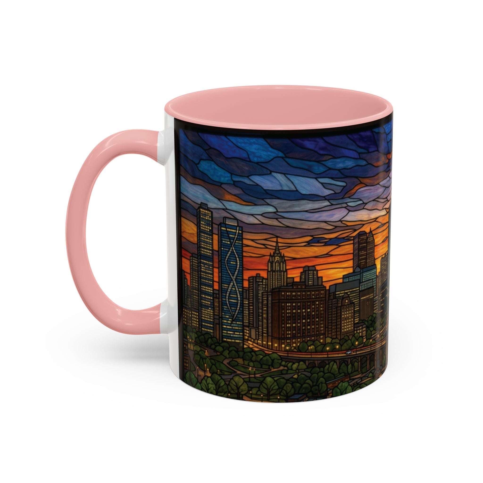 Chicago Skyline Accent Coffee Mug — Stained Glass Sunset Cityscape (11/15oz)