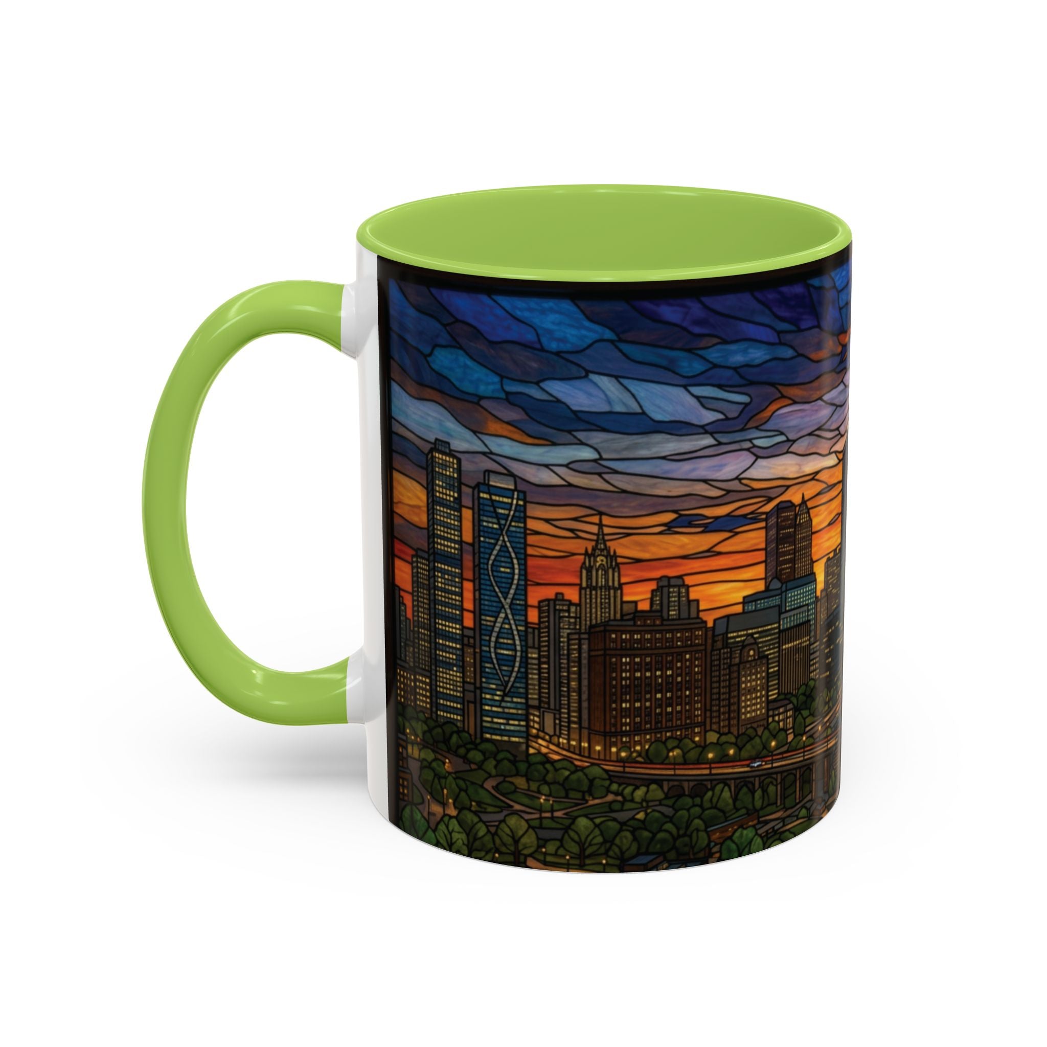 Chicago Skyline Accent Coffee Mug — Stained Glass Sunset Cityscape (11/15oz)