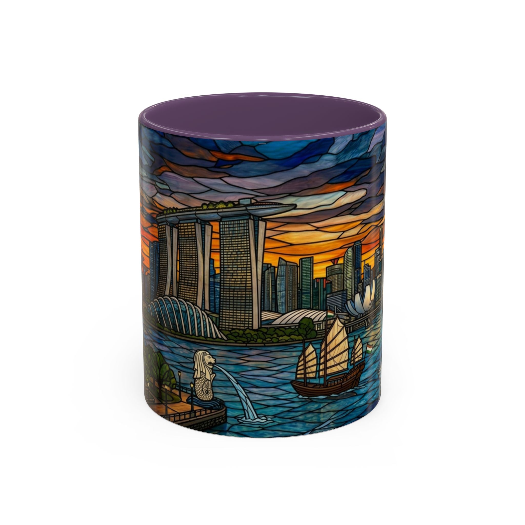Singapore Skyline Accent Coffee Mug — Stained Glass Marina Bay Sunset Design (11/15oz)