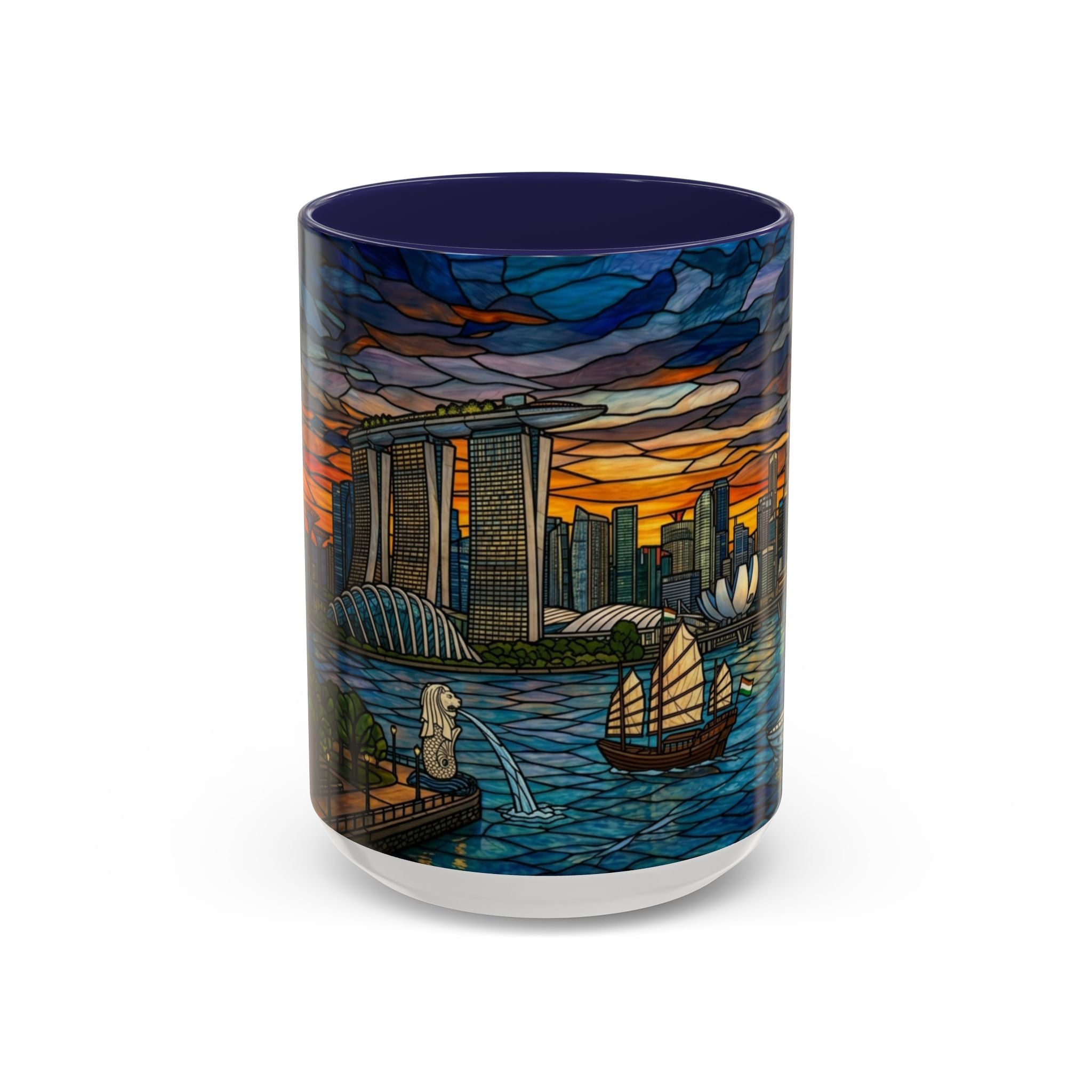 Singapore Skyline Accent Coffee Mug — Stained Glass Marina Bay Sunset Design (11/15oz)