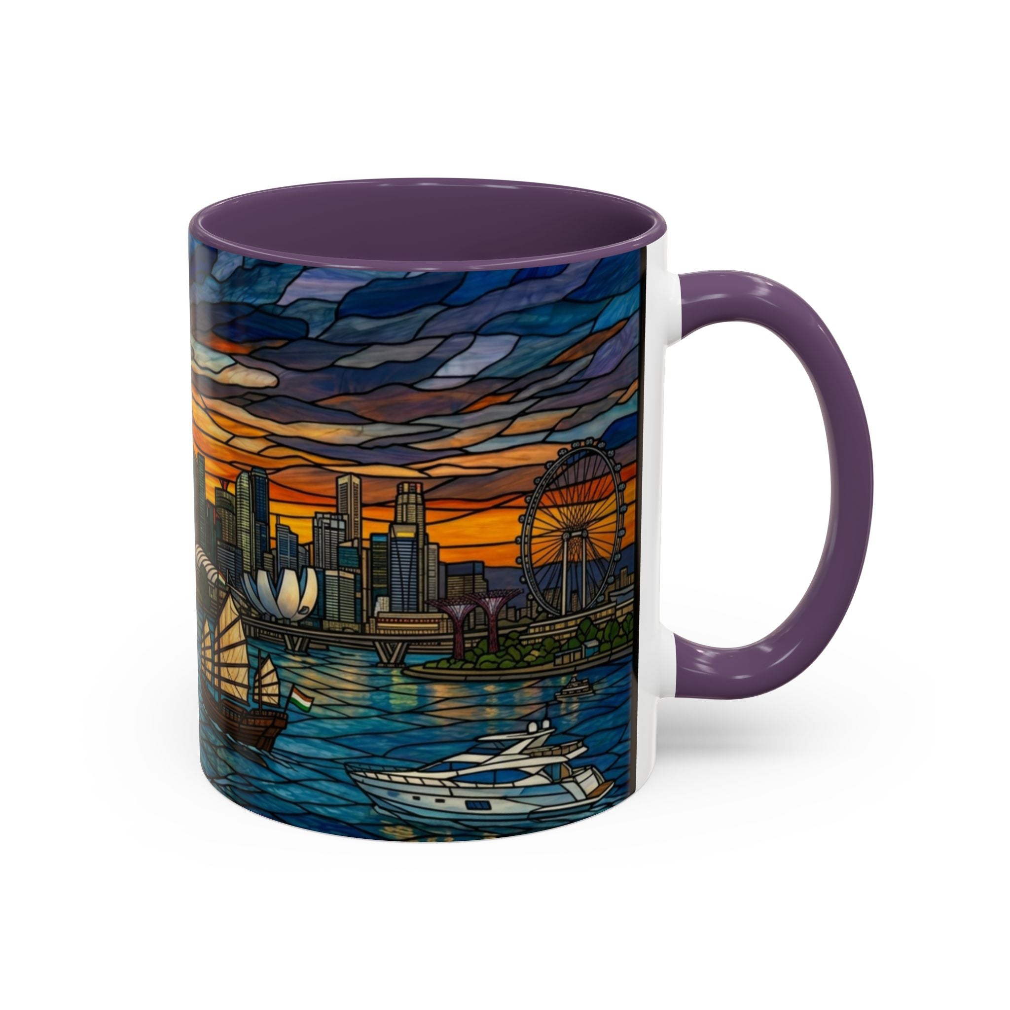 Singapore Skyline Accent Coffee Mug — Stained Glass Marina Bay Sunset Design (11/15oz)