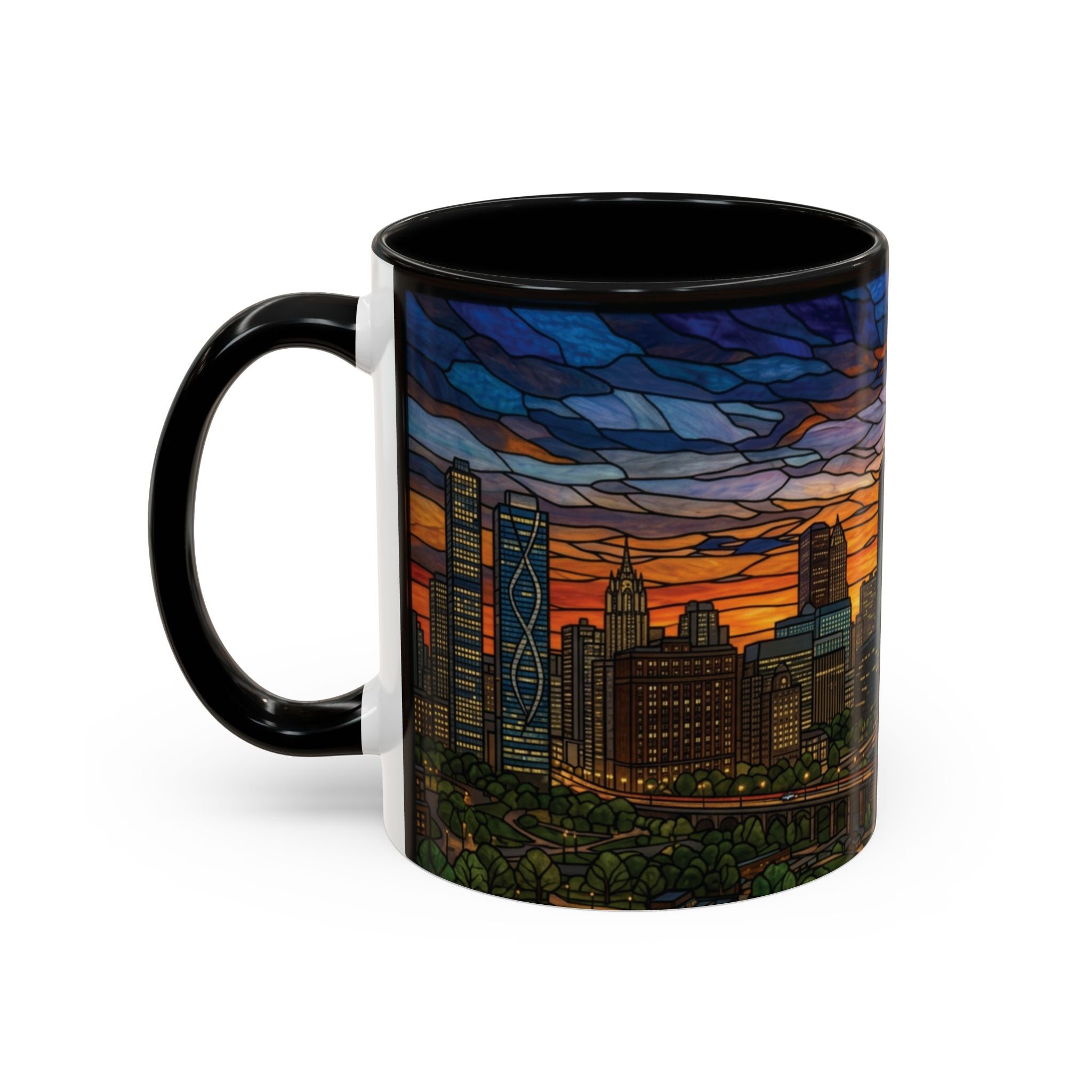 Chicago Skyline Accent Coffee Mug — Stained Glass Sunset Cityscape (11/15oz)