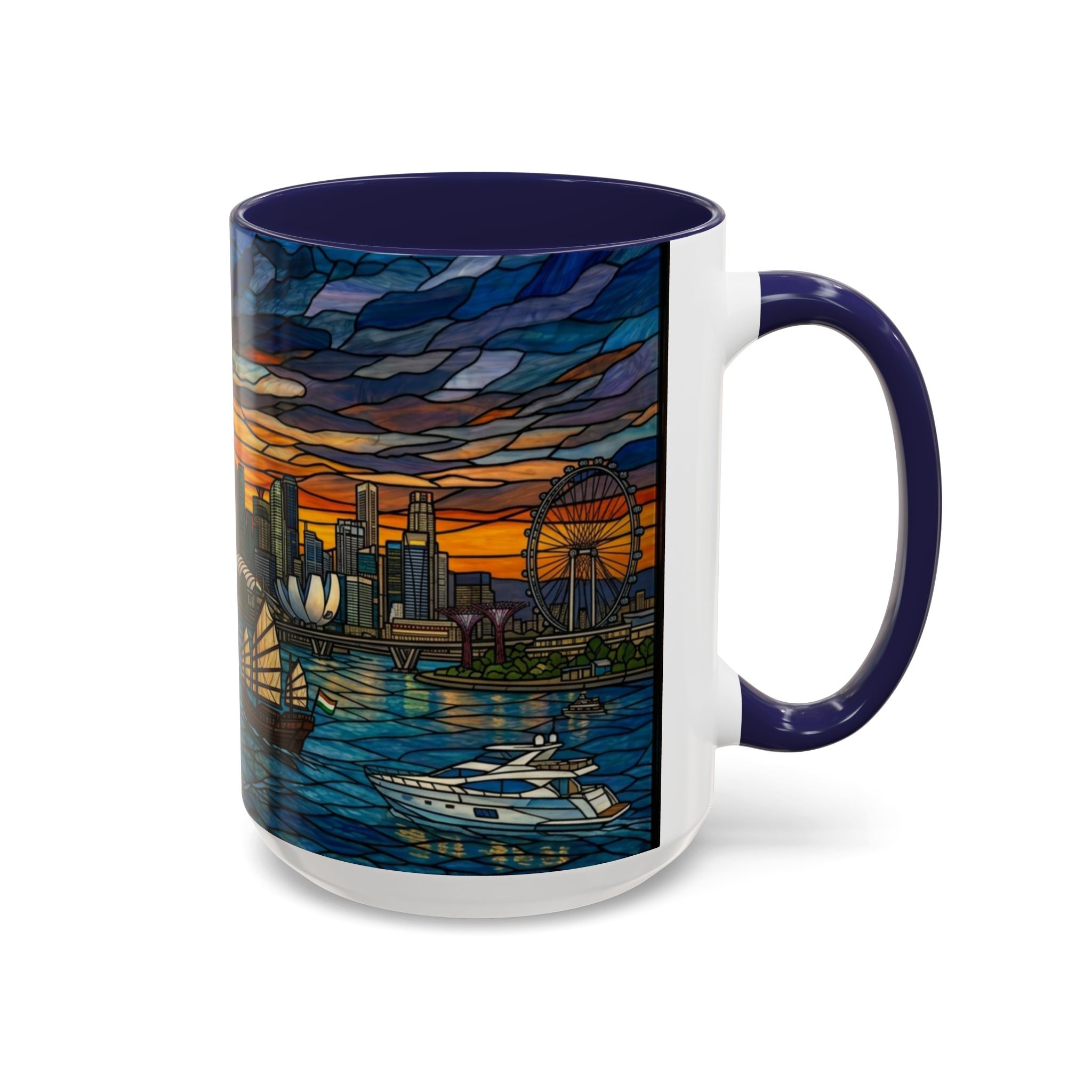Singapore Skyline Accent Coffee Mug — Stained Glass Marina Bay Sunset Design (11/15oz)