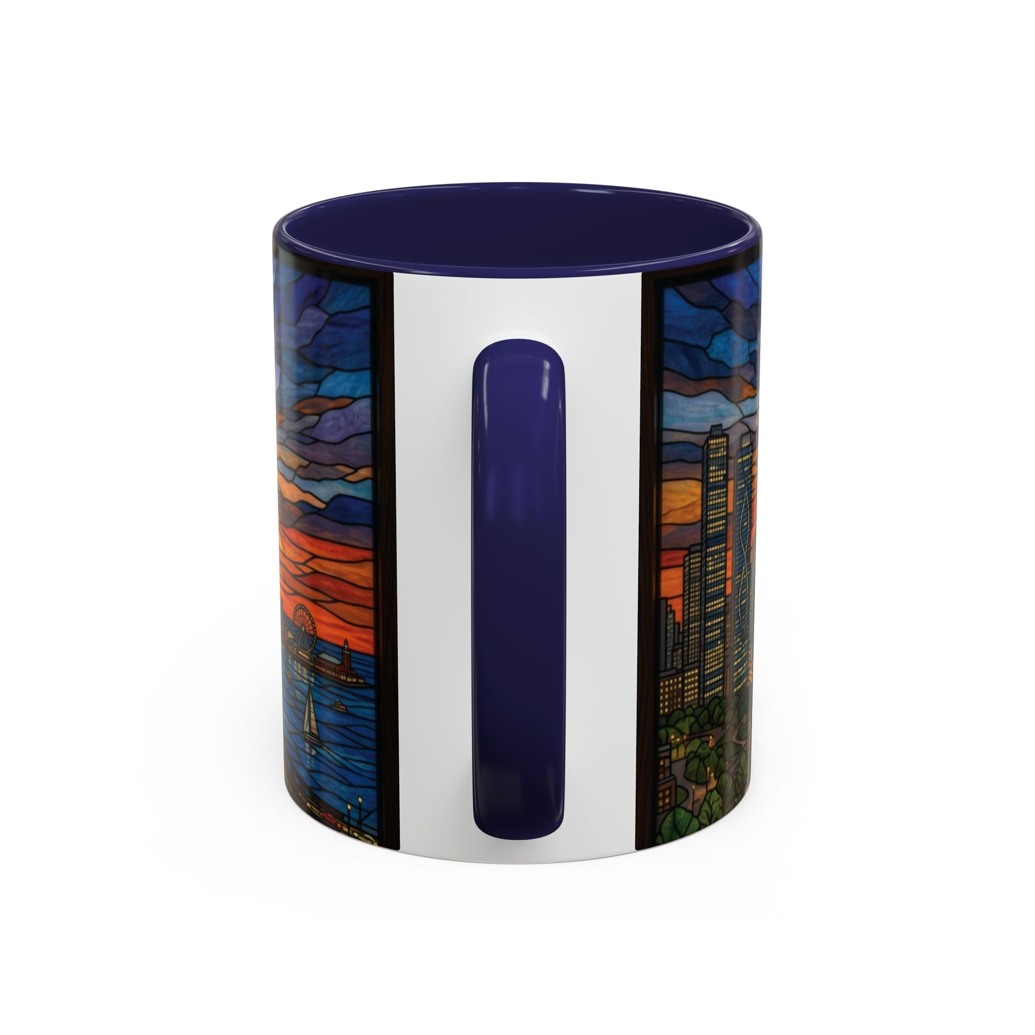 Chicago Skyline Accent Coffee Mug — Stained Glass Sunset Cityscape (11/15oz)